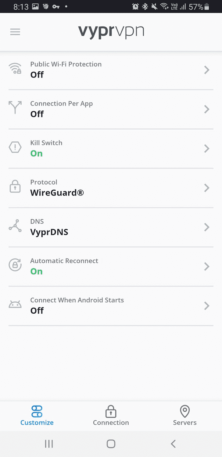 VyprVPN settings on Android
