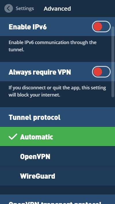 Mullvad VPN advanced settings on Windows