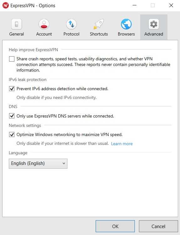 ExpressVPN advanced settings screen on Windows