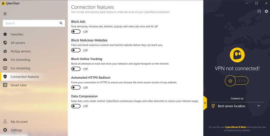 CyberGhost VPN ‘connection features’ screen on Windows
