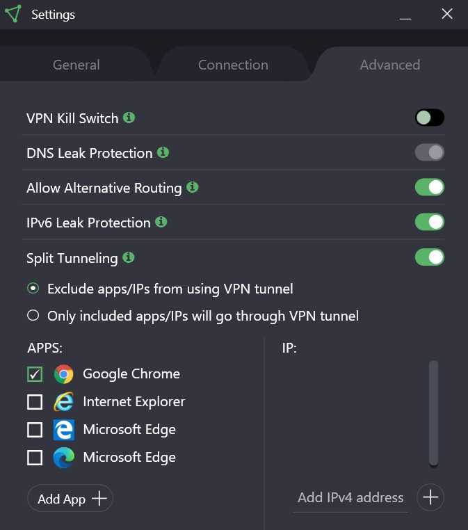 The Proton VPN advanced settings on Windows