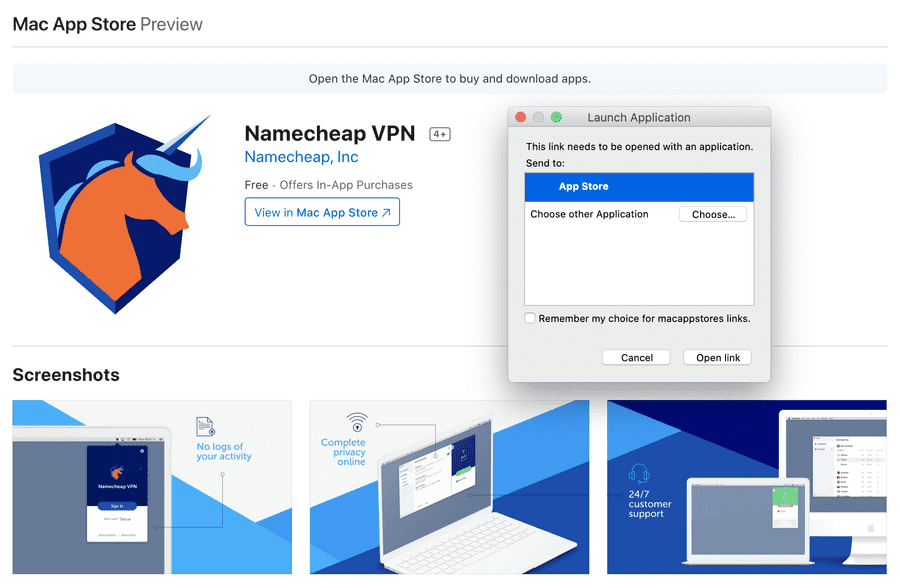 Opening Namecheap VPN in the Mac Store