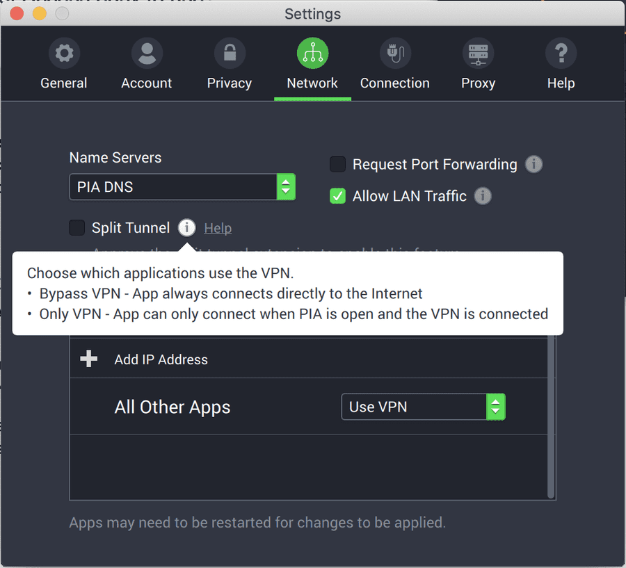PIA's split tunneling settings on the Mac program