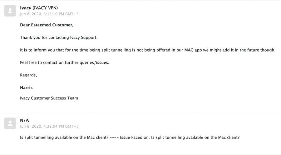 Ivacy support ticket response