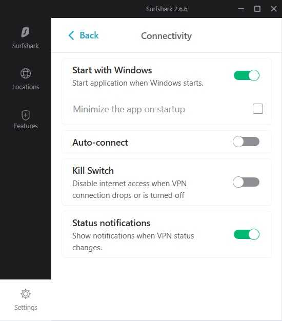 Surfshark VPN connectivity settings on Windows