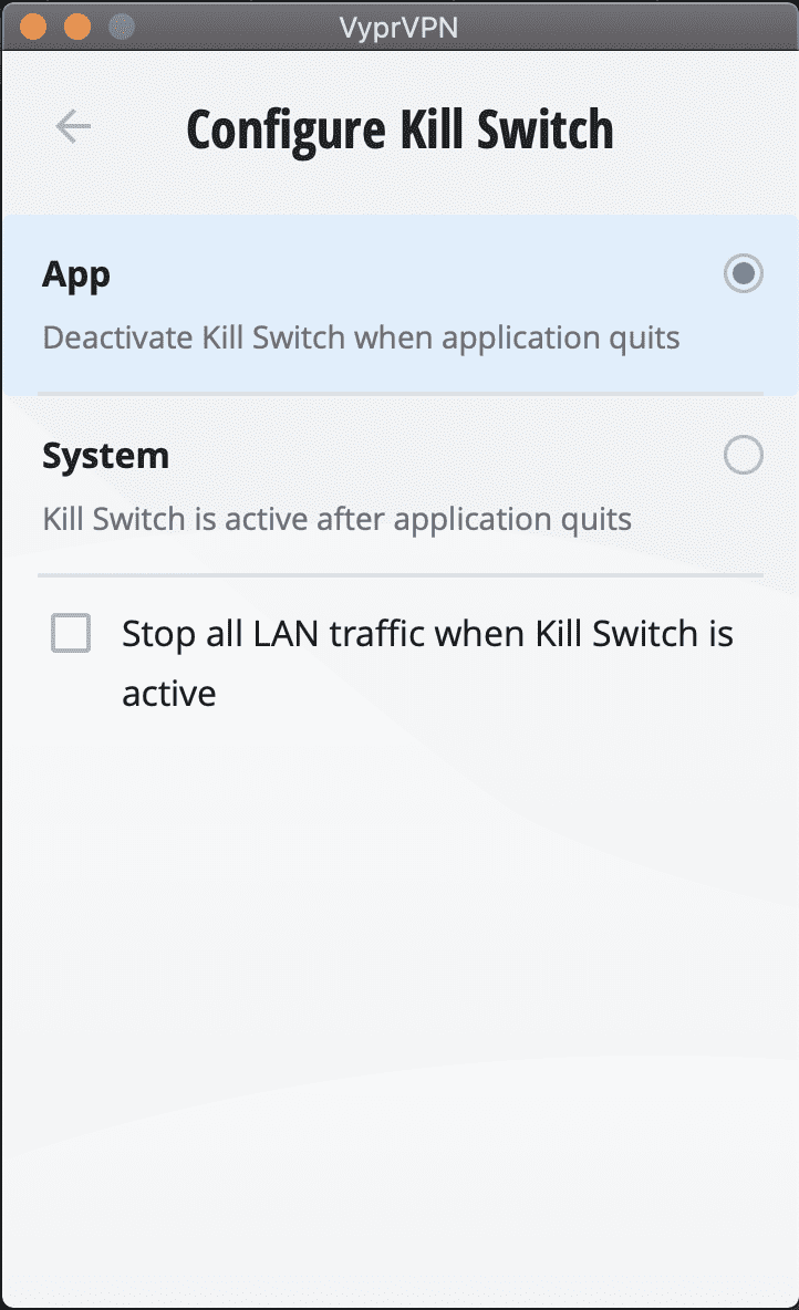 The killswitch settings on VyprVPN's Mac app