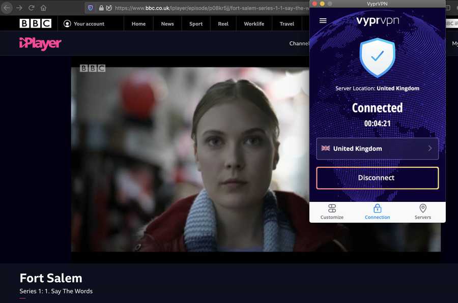 Screenshot of the BBC iPlayer show 'Fort Salem'