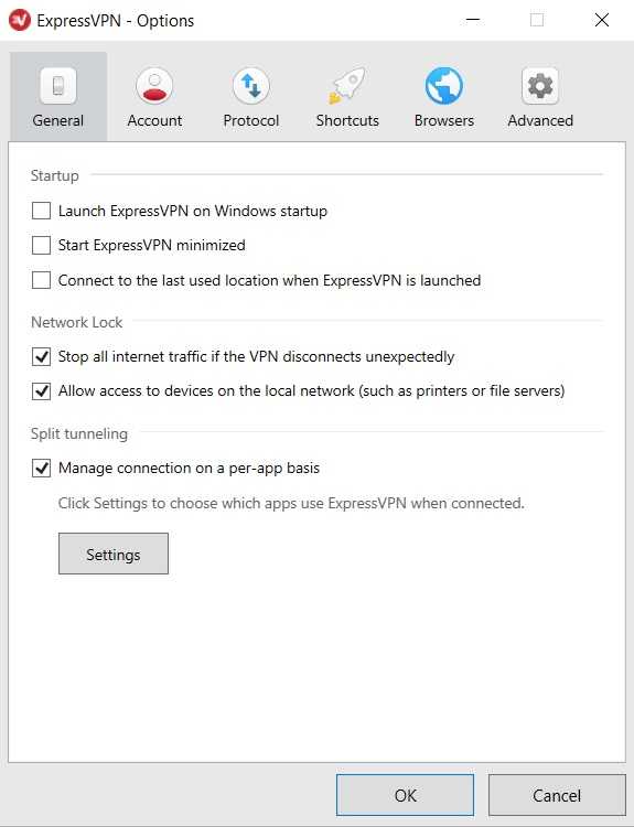 ExpressVPN general settings on Windows