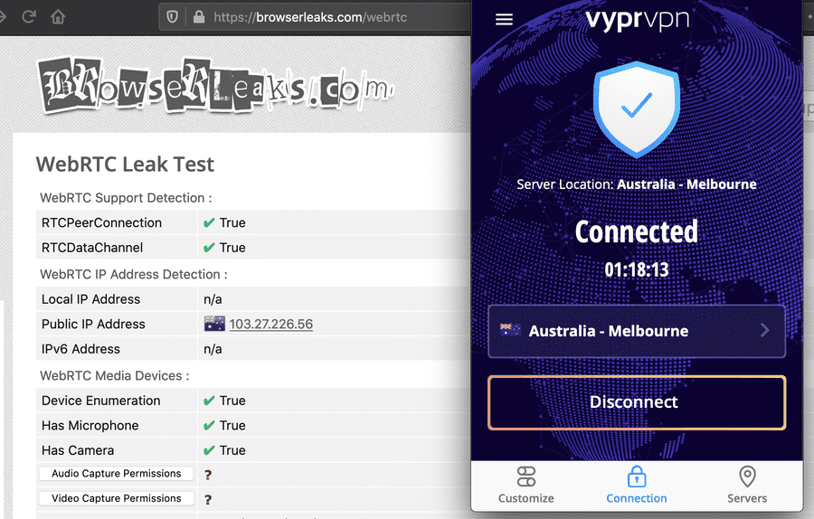 VyprVPN's WebRTC Leak Test Result