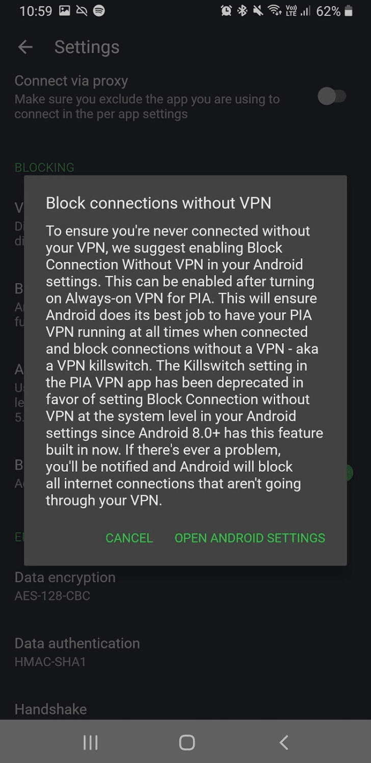 Block connections without VPN Android message