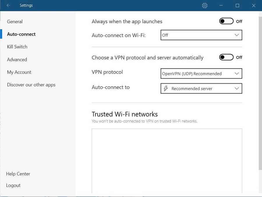 NordVPN auto-connect settings on Windows