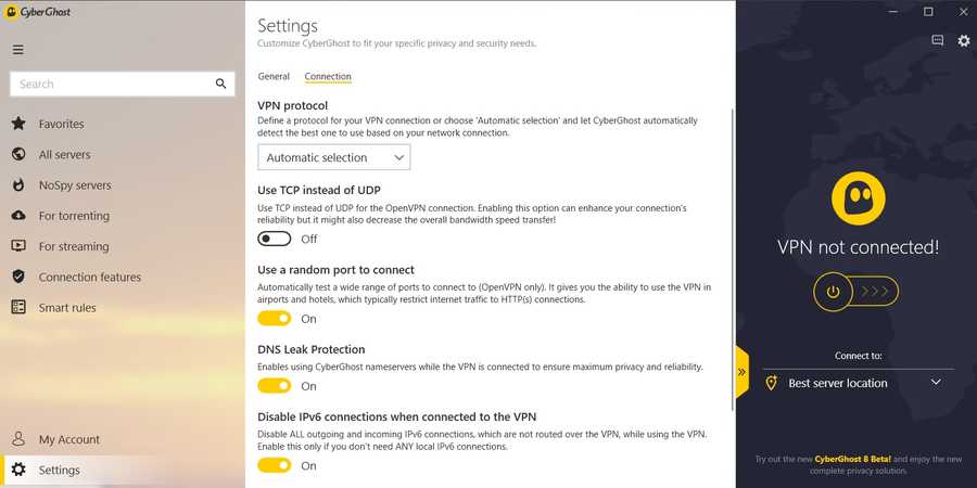 CyberGhost VPN settings screen on Windows